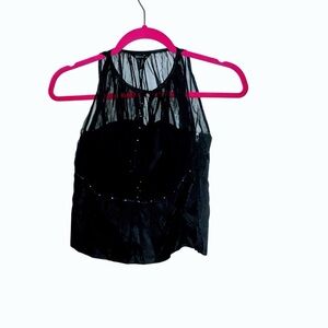 Dorca Black Sheer Mesh Sleeveless Top Satin Waist Rhinestone Accents 38 US 8